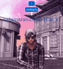 a man in a plaid shirt is standing in front of a building with corrupto written on it