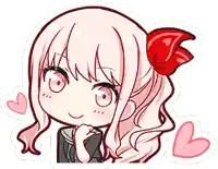 a cartoon girl with pink hair and a red bow in her hair .