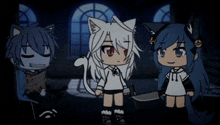 a group of anime characters standing next to each other in a dark room