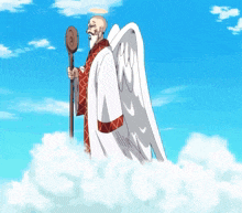 a man with a beard and angel wings is standing in the clouds holding a cane