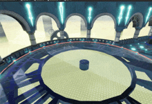 a computer generated image of a room with arches and a circle in the center