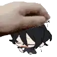 a hand is holding a cartoon character 's head in a pixel art .