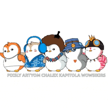 a group of penguins standing next to each other with pixsly artyom chalex kapitola wowsikirs written below