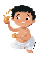 a cartoon of a boy holding a cup with a red dot on his forehead and the name nikdoodles below him