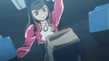 a girl in a pink jacket is standing in front of a blue folder