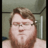 a man with a beard and glasses is looking at the camera