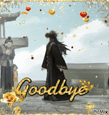 a picture with the word goodbye written in gold