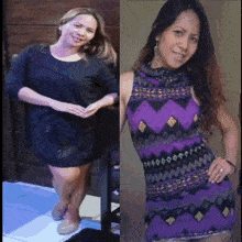a woman in a black dress and a purple dress are standing next to each other .
