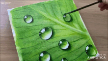 a person is painting water drops on a green leaf .