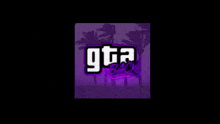 a purple background with a purple logo and palm trees .