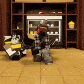 a person in a plaid shirt is standing in front of a shelf with a sad face on it
