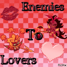 a pink and red checkered background with the words enemies to lovers on it