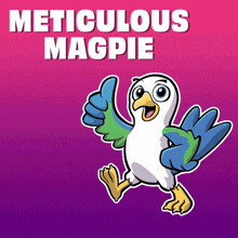 a cartoon bird giving a thumbs up with the words meticulous magpie behind it