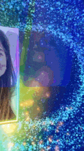 a picture of a woman is surrounded by a rainbow of colors