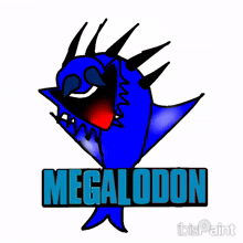 a cartoon drawing of a blue monster with the word megalodon below it
