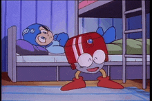 a cartoon character is laying on a bed next to a robot