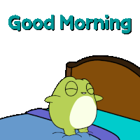 a cartoon of a frog on a bed with the words " good morning "