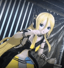 a girl with long blonde hair is standing in front of a microphone in a dark room