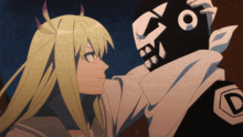 a girl with horns is looking at a man with a mask on his face