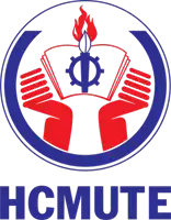 a logo for a company called hcmute with two hands holding a book and a torch