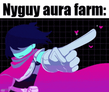 a cartoon character is pointing at something with the words nyguy aura farm on the bottom
