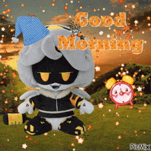 a picture of a stuffed animal with the words good morning written on it
