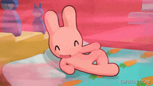 a pink cartoon rabbit is laying on a bed with carrots