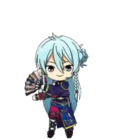 a cartoon character with long blue hair is holding a fan in his hand .