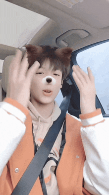 a person in a car with a dog face on their face