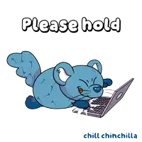 a cartoon of a mouse using a laptop with the words please hold chill chinchilla