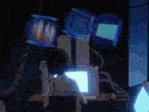 a close up of a anime character 's face with a blue background