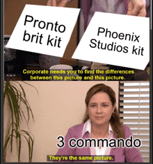 a woman sitting at a desk holding a sign that says pronto brit kit