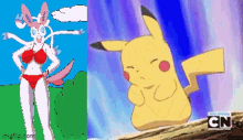 a cartoon of a woman in a bikini next to a cartoon of a pikachu