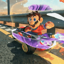 a mario video game character is riding a purple car