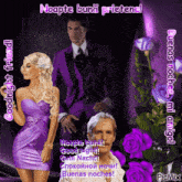 a woman in a purple dress is standing next to a man in a purple suit and flowers