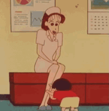 a cartoon nurse is sitting on a bench next to a child .