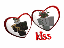 a couple of hearts with the word kiss in red