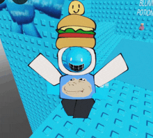 a cartoon character has a hamburger on top of his head and a gorilla on his shirt