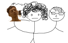 a drawing of a man with glasses and a woman with curly hair has the letter d on her face