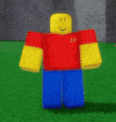 a blurry picture of a roblox character in a red shirt and blue pants standing on a green field .