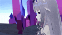 a girl with purple eyes and white hair stands in front of a purple background