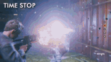 a man is holding a gun in a video game and the word time stop is on the bottom