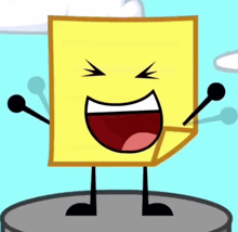 a cartoon drawing of a yellow sticky note with a big smile on its face