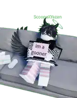 a cartoon character is sitting on a couch holding a sign that says i 'm a gooner