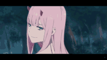 a pink haired anime girl with horns on her head