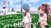 a couple of anime girls standing next to each other in a field with the words `` elvery '' written on it .