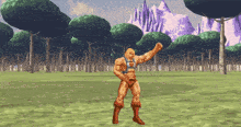 a video game character named he man stands in a field