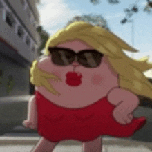 a cartoon character wearing sunglasses and a red dress .