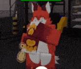 a cartoon fox is holding a box of chips in a room .