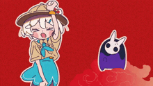 a cartoon of a girl wearing a hat standing next to a purple monster
